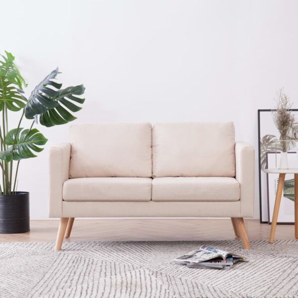 Elegant Cream Fabric Loveseat Sofa Comfortable Padded Cushion Wooden Frame