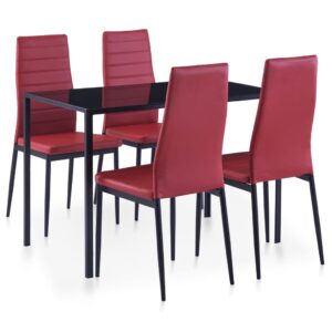 Modern Five Piece Dining Set Tempered Glass Table Faux Leather Chairs Wine Red