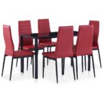 Elegant Wine Red Glass Top Dining Table Set Modern Faux Leather Chairs 7PC