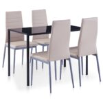 Modern Five Piece Glass Table Dining Set Faux Leather Chairs Cappuccino Finish