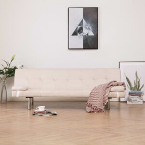 Sofa Bed with Two Pillows Cream Polyester