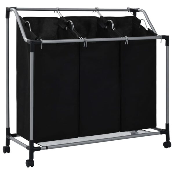 Triple Bag Laundry Sorter Organizer with Wheels Durable Steel Frame Black