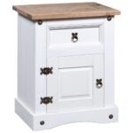 Rustic Mexican  White & Brown Solid Pine Wood Bedside Cabinet with Drawer