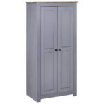 Stylish Grey Solid Wood Compact Wardrobe with Shelf and Hanging Rod