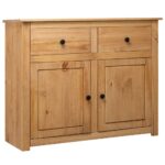 Rustic Solid Pine Wood Sideboard Storage Cabinet with Drawers and Doors