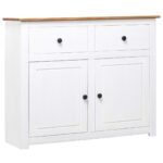 Chic White Solid Pine Wood Sideboard Storage Cabinet with Drawers & Doors