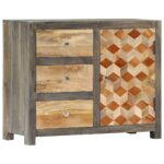 Elegant Grey Solid Mango Wood Side Cabinet Mid-Century Diamond Pattern Storage