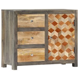 Elegant Grey Solid Mango Wood Side Cabinet Mid-Century Diamond Pattern Storage