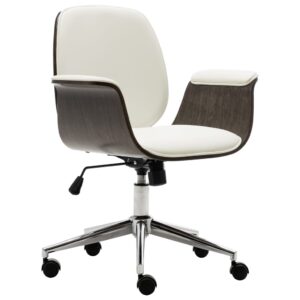 Adjustable Height Swivel Office Chair White Faux Leather Bent Wood Frame Casters