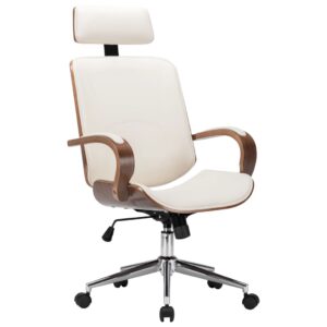 Elegant Cream Faux Leather Swivel Office Chair with Headrest and Bentwood