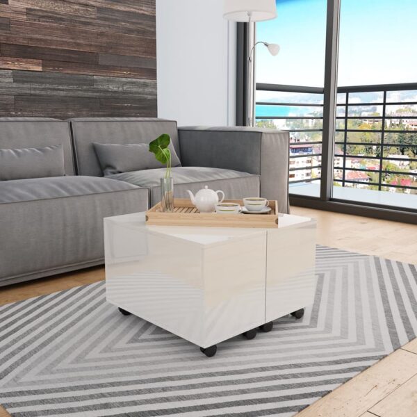 Elegant High Gloss White Coffee Table Extendable with Storage on Wheels