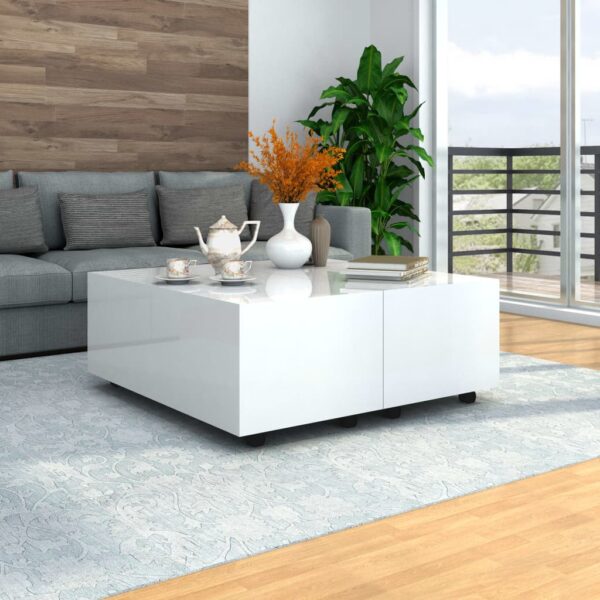 Elegant High Gloss White Extendable Coffee Table with Storage and Wheels