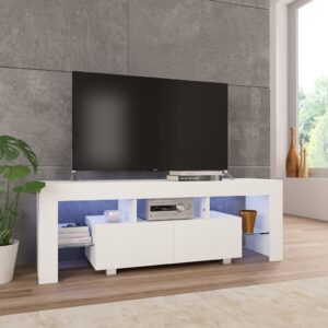 Contemporary High Gloss White TV Stand Cabinet with LED Lighting Spacious Storage