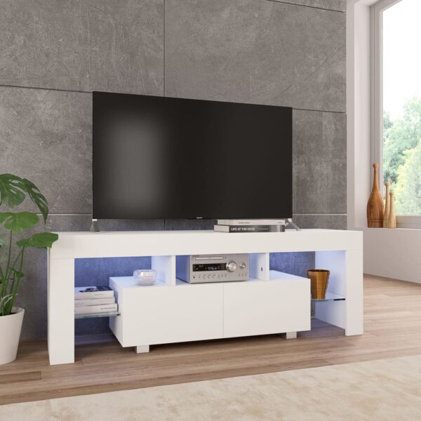 Contemporary High Gloss White TV Stand Cabinet with LED Lighting Spacious Storage