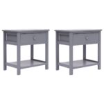 Set of Two Stylish Grey Nightstands Solid Wood Bedside End Tables with Drawer