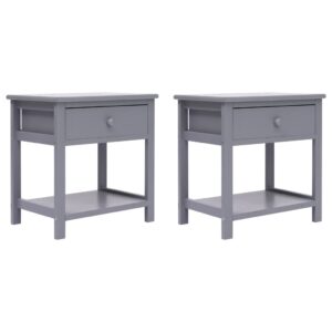 Set of Two Stylish Grey Nightstands Solid Wood Bedside End Tables with Drawer