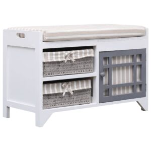 Elegant White Hallway Storage Bench with Cushion and Drawers Wood Furniture