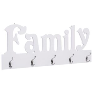 Chic White MDF Wall Mounted Coat Rack with Family Lettering and 5 Hooks