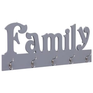 Chic Grey Wall Mounted Coat Rack with Family Lettering and 5 Hooks Home Decor