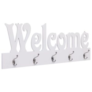 Chic White Wall Mounted Coat Rack with Welcome Lettering and 5 Hooks