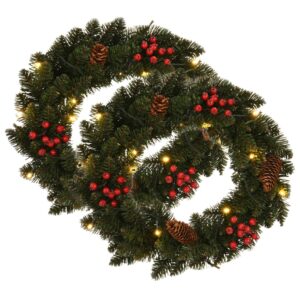 Set of Two Lush Green Decorative Christmas Wreaths with LED Pine Cones Berries