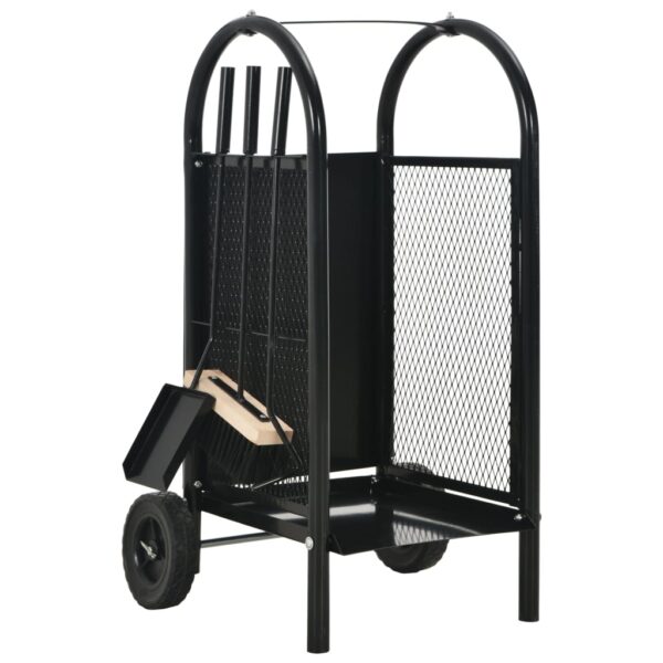 Heavy Duty Steel Firewood Cart Log Carrier Trolley with Wheels Brush Poker Shovel