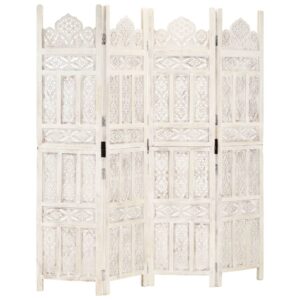 Elegant Hand Carved Wooden Room Divider Classic White Privacy Screen Foldable