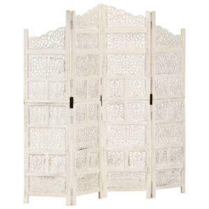 Elegant Hand Carved Wooden Room Divider Privacy Screen White Solid Mango Wood