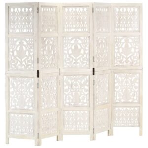 Elegant Hand Carved Wooden Room Divider Privacy Screen White Wash Finish