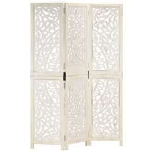 Elegant Hand Carved Wooden Room Divider Privacy Screen White Wash Finish