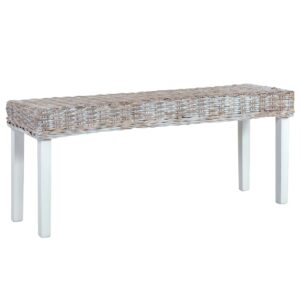 Chic White Natural Rattan Bench Solid Mango Wood Elegant Home Furniture Decor