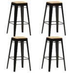 Set of Four Elegant Solid Mango Wood Bar Stools with Powder-Coated Steel Legs