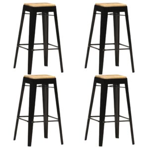 Set of Four Elegant Solid Mango Wood Bar Stools with Powder-Coated Steel Legs