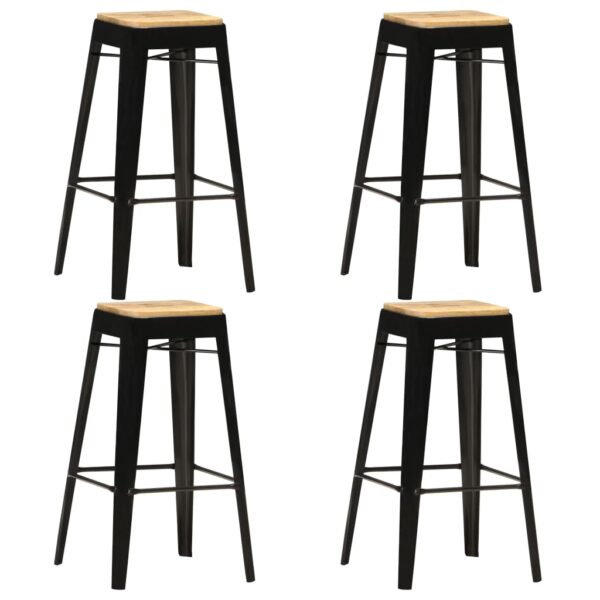 Set of Four Elegant Solid Mango Wood Bar Stools with Powder-Coated Steel Legs