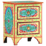 Solid Mango Wood Bedside Cabinet Hand Painted Retro  Nightstand with Drawers