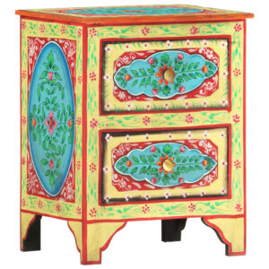 Solid Mango Wood Bedside Cabinet Hand Painted Retro  Nightstand with Drawers