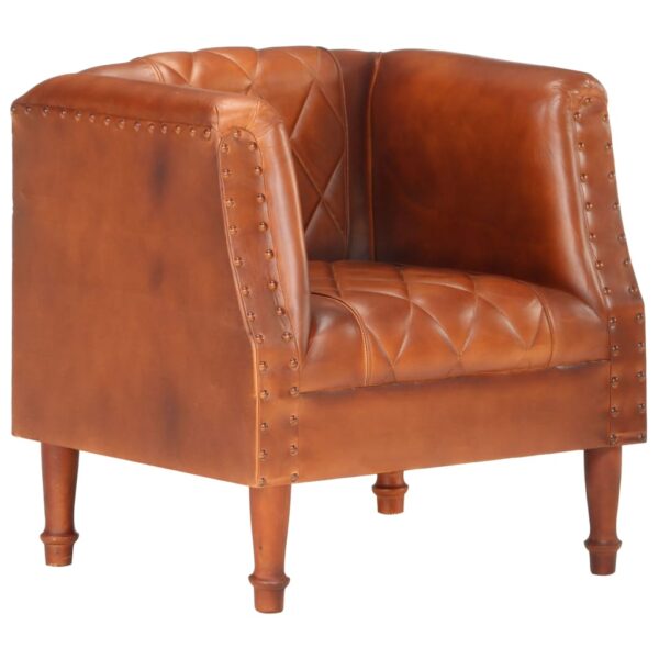 Luxury Vintage Brown Goat Leather Tub Chair Soft Padded Mango Wood Legs Comfy