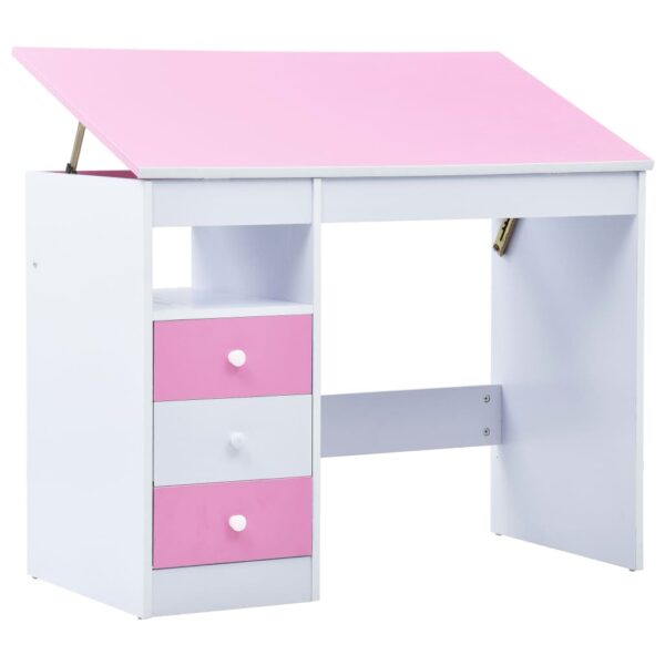 Children's Tiltable Study Desk with Drawers and Shelf in Pink and White