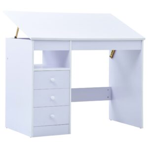 Kids Tiltable Study Desk with Drawers Shelf Adjustable White Wooden Art Table