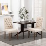 Elegant Beige Linen Fabric Dining Chairs High Backrest Button Detail Set of Two