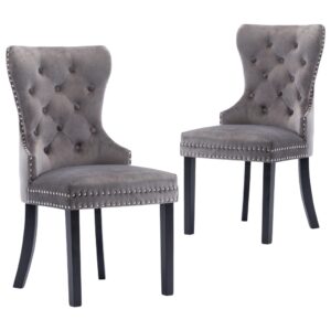 Elegant Grey Velvet Dining Chairs Classic Design Comfortable Seating Pair Set