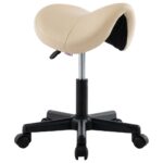 Adjustable Cream Faux Leather Work Stool Saddle Chair Swivel with Wheels