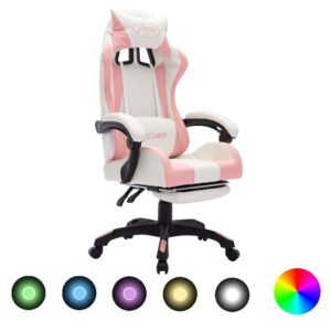 Luxury Pink White Faux Leather Gaming Chair RGB LED Swivel Recliner Footrest