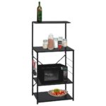 Black Engineered Wood Microwave Storage Cabinet with Shelves and Hooks