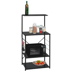 Black Engineered Wood Microwave Storage Cabinet with Shelves and Hooks