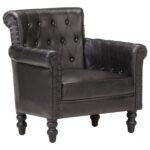 Luxurious Black Leather Armchair Vintage  Solid Mango Wood Legs Comfy