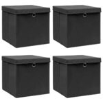 Foldable Fabric Storage Boxes with Lids Set of Four Black Cube Organizer Bins