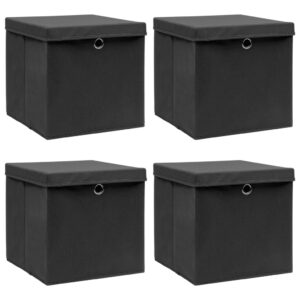 Foldable Fabric Storage Boxes with Lids Set of Four Black Cube Organizer Bins