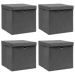 Foldable Grey Fabric Storage Boxes with Lids Set of Four Home Organizer Cubes