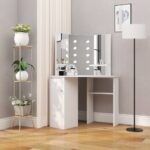 Elegant White Corner Vanity Makeup Table with LED Lights & Mirrors Storage